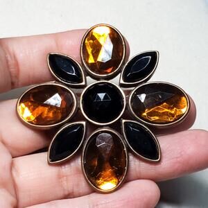 Bijoux New York Designs Orange Black Rhinestone Brooch Signed 2" Vtg Brass